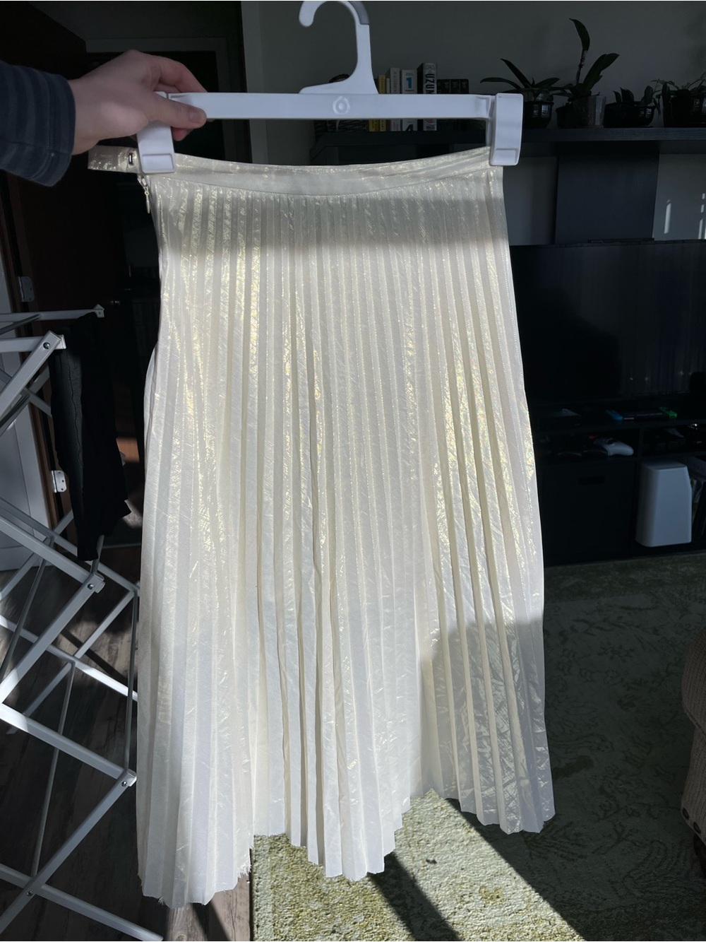 Iridescent Cream Pleated Midi Skirt